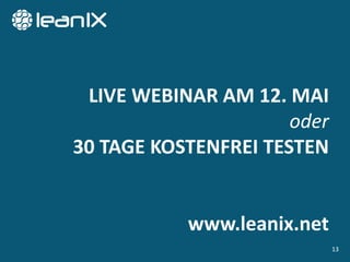 LIVE WEBINAR AM 12. MAI
oder
30 TAGE KOSTENFREI TESTEN
www.leanix.net
13
 