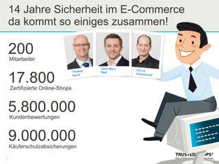 14 Jahre Sicherheit im E-Commerce
da kommt so einiges zusammen!
2
5.800.000Kundenbewertungen
9.000.000Käuferschutzabsicherungen
17.800Zertifizierte Online-Shops
200Mitarbeiter
 