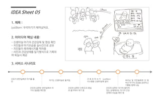 IDEA Sheet 05
산모가 분만실에서 아기를 출
산
1. 제목 :
2. 아이디어 핵심 내용:
산모와 남편은 분만실에서 아
기의 얼굴을 확인함
아기는 신생아실로 옮겨짐
간 호 조 무 사 가 JustBorn
시스템을 신생아실에 설치
산모와 남편은 아기와 떨어져
있는 상태에서도 아기의 건강
상태와 모습을 확인 함
부모님 및 지인들에게 갓 태
어난 아기의 모습을 공유하고
기쁨을 함께 나눔
산모와 남편은 산후조리 병실
로 옮겨져서 대기 중
3. 서비스 시나리오
JustBorn: 우리아기가 태어났어요.
- 신생아실 아기의 건강상태 및 영상 확인
- 지인들과 아기모습을 실시간으로 공유
- 지인들이 축하메시지를 적어줌
- 사진과 건강상태를 일기형식으로 기록하
여 퇴실시 제공
 