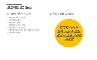 • 아이를 식별할 수 있는 ID
• 아기의 정보 제공
• 아기의 건강상태
• 엄마를 안심시키는 역할
• 엄마와 아기의 연결고리
• 엄마의 뱃속에서 함께 있다가 떨어지는 첫 순간
• Wireless한 탯줄
• …
프로젝트 UX Goal
1. 미지화 액티비티 수행 2. 최종 수립된 UX Goal
엄마와 아이가
함께 느낄 수 있는
감성적 연결 고리를
제공함
 