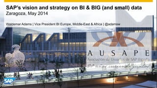SAP’s vision and strategy on BI & BIG (and small) data 
Zaragoza, May 2014 
Waldemar Adams | Vice President BI Europe, Middle-East & Africa | @adamsw 
 