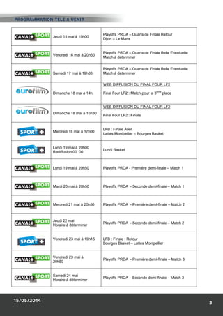 15/05/2014
Jeudi 15 mai à 19h00
Vendredi 16 mai à
Samedi 17 mai à
Dimanche 18 mai
Dimanche 18 mai
Mercredi 18 mai à 17h00
Lundi 19 mai à 20h00
Rediffusion 00 :00
Lundi 19 mai à 20h50
Mardi 20 mai à 20h50
Mercredi 21 mai à
Jeudi 22 mai
Horaire à déterminer
Vendredi 23 mai à 19h15
Vendredi 23 mai à
20h50
Samedi 24 mai
Horaire à déterminer
PROGRAMMATION TELE A VENIR
19h00
Playoffs PROA – Quarts de Finale Retour
Dijon – Le Mans
Vendredi 16 mai à 20h50
Playoffs PROA – Quarts de Finale Belle Eventuelle
Match à déterminer
Samedi 17 mai à 19h00
Playoffs PROA – Quarts de Finale Belle Eventuelle
Match à déterminer
mai à 14h
WEB DIFFUSION DU FINAL FOUR LF2
Final Four LF2 : Match pour la 3
ème
Dimanche 18 mai à 16h30
WEB DIFFUSION DU FINAL FOUR LF2
Final Four LF2 : Finale
Mercredi 18 mai à 17h00
LFB : Finale Aller
Lattes Montpellier – Bourges Basket
20h00
:00
Lundi Basket
20h50 Playoffs PROA - Première demi-finale
20h50 Playoffs PROA - Seconde demi-finale
Mercredi 21 mai à 20h50 Playoffs PROA - Première demi-finale
Horaire à déterminer
Playoffs PROA - Seconde demi-finale
Vendredi 23 mai à 19h15 LFB : Finale : Retour
Bourges Basket – Lattes Montpellier
Vendredi 23 mai à
Playoffs PROA - Première demi-finale
Horaire à déterminer
Playoffs PROA – Seconde demi-finale
PROGRAMMATION TELE A VENIR
3
Quarts de Finale Retour
Quarts de Finale Belle Eventuelle
Quarts de Finale Belle Eventuelle
WEB DIFFUSION DU FINAL FOUR LF2
place
WEB DIFFUSION DU FINAL FOUR LF2
Bourges Basket
finale – Match 1
finale – Match 1
finale – Match 2
finale – Match 2
Lattes Montpellier
finale – Match 3
finale – Match 3
 