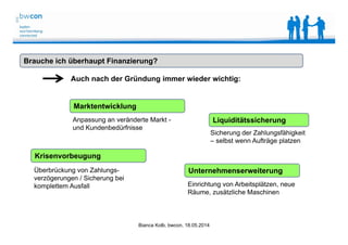 Bianca Kolb, bwcon, 18.05.2014
Auch nach der Gründung immer wieder wichtig:
Brauche ich überhaupt Finanzierung?
Liquiditätssicherung
Sicherung der Zahlungsfähigkeit
– selbst wenn Aufträge platzen
Marktentwicklung
Anpassung an veränderte Markt -
und Kundenbedürfnisse
Krisenvorbeugung
Überbrückung von Zahlungs-
verzögerungen / Sicherung bei
komplettem Ausfall
Unternehmenserweiterung
Einrichtung von Arbeitsplätzen, neue
Räume, zusätzliche Maschinen
 