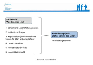 Bianca Kolb, bwcon, 18.05.2014
Finanzplan:
Was benötige ich?
1. persönliche Lebenshaltungskosten
2. betriebliche Kosten
3. Kapitalbedarf (Investitionen und
kosten für Start und Anlaufphase)
4. Umsatzvorschau
5. Rentabilitätsvorschau
6. Liquiditätsübersicht
Finanzierungsquellen
Finanzierungsplan:
Woher kommt das Geld?
 
