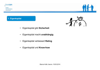 Bianca Kolb, bwcon, 18.05.2014
1. Eigenkapital
• Eigenkapital gibt Sicherheit
• Eigenkapital macht unabhängig
• Eigenkapital verbessert Rating
• Eigenkapital und Know-how
 