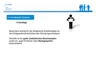 Bianca Kolb, bwcon, 18.05.2014
2. Fremdkapital/ Darlehen
→ benötigt:
Besonders wichtig für die erfolgreiche Kreditvergabe ist
die Erfolgswahrscheinlichkeit des Gründungsvorhabens.
Deshalb ist ein guter (realistischer) Businessplan
sowie ein „guter Eindruck“ beim Bankgespräch
entscheidend!
 