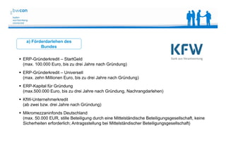 Bianca Kolb, bwcon, 18.05.2014
a) Förderdarlehen des
Bundes
 ERP-Gründerkredit – StartGeld
(max. 100.000 Euro, bis zu drei Jahre nach Gründung)
 ERP-Gründerkredit – Universell
(max. zehn Millionen Euro, bis zu drei Jahre nach Gründung)
 ERP-Kapital für Gründung
(max.500.000 Euro, bis zu drei Jahre nach Gründung, Nachrangdarlehen)
 KfW-Unternehmerkredit
(ab zwei bzw. drei Jahre nach Gründung)
 Mikromezzaninfonds Deutschland
(max. 50.000 EUR, stille Beteiligung durch eine Mittelständische Beteiligungsgesellschaft, keine
Sicherheiten erforderlich; Antragsstellung bei Mittelständischer Beteiligungsgesellschaft)
 