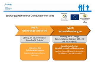 Bianca Kolb, bwcon, 18.05.2014
Beratungsgutscheine für Gründungsinteressierte
 