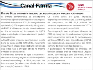 Canal Farma
Dia das Mães movimenta mercado online e impulsiona procura por viagens
O primeiro demonstrativo de desempenho                Os lucros antes de juros, impostos,
econômico-operacional integral da RaiaDrogasil,       depreciação e amortização (Ebitda) ajustado
criada em novembro de 2011, foi divulgado nesta       da companhia, de R$ 61,4 milhões no
quinta-feira (10/5) e aponta lucro líquido ajustado   trimestre, representou um aumento de 37,7%
de R$ 27,4 milhões no primeiro trimestre do ano.      sobre o mesmo período de 2011.
A cifra representa um incremento de 25,5%             Em comparação com o primeiro trimestre de
sobre o resultado conjunto do mesmo período           2011, as categorias de produtos que registraram
do ano anterior.                                      maior crescimento foram as de medicamentos
A RaiaDrogasil encerrou o período com receita         genéricos (34,5%) e a de Higiene Beleza (24,6%).
bruta de cerca de R$ 1,29 bilhão, incremento          Elas responderam, respectivamente, por 10,8%
de 22,4% em relação à receita bruta combinada         e 30,7% do mix de vendas das redes .
das redes Raia e Drogasil obtida no mesmo             A participação no mercado foi ampliada em
trimestre do ano anterior.                            todos os estados onde as redes Raia e Drogasil
Considerando somente as lojas já existentes -         atuam, com destaque para São Paulo, onde a
sem contar as inaugurações ocorridas no período       participação de mercado aumentou em 2,7
- o crescimento chegou a 14,8%, enquanto nas          pontos percentuais.
lojas maduras (aquelas com mais de três anos          (Gouvêa de Souza – 11/05/2012)

em operação) alcançou 10,8%.
 