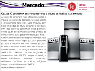 Mercado
Classe C compraria eletrodomésticos e móveis se tivesse mais dinheiro
A classe C compraria mais eletrodomésticos e
móveis se sua renda dobrasse. É o que aponta
o levantamento feito pelo Data Popular, com
base em dados do IBGE. Segundo a pesquisa,
80% das pessoas adquiririam estes produtos,
contra 26,3% dos demais brasileiros. Do total de
entrevistados, 83% gostariam de poupar mais.
Entre os itens mais desejados pela chamada nova
classe média estão fogão (20,9%), geladeira
(21,4%) e máquina de lavar roupas (23,5%).
O estudo também aponta uma duplicação no
uso do dinheiro com serviços entre os anos de
2002 e 2011. Gastos com manutenção do lar
aumentaram em 169,3%, enquanto serviços
como cabeleireiro, manicure, lavanderia,
cerimônias familiares e práticas religiosas
tiveram um crescimento de 106,8%.
(Mundo do Maketing – 08/05/2012)
 