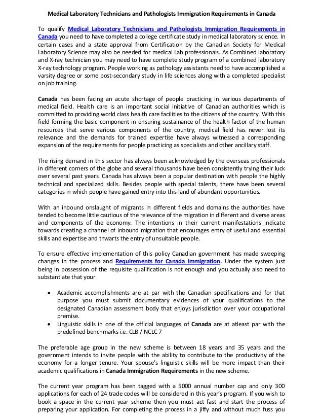 Medical Laboratory Technicians and Pathologists Immigration