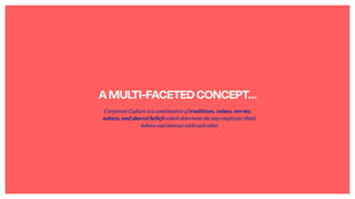 AMULTI-FACETEDCONCEPT…
CorporateCultureisacombinationoftraditions,values,norms,
taboos,andsharedbeliefswhichdeterminethewa...