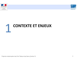 1CONTEXTE ET ENJEUX
3Projet de modernisation des SI et Télécom des Samu-Centres 15
 