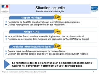 Situation actuelle
Premiers constats de fragilité
6Projet de modernisation des SI et Télécom des Samu-Centres 15
Le ministère a décidé de lancer un plan de modernisation des Samu-
Centres 15, comprenant notamment un volet technologique
 Incapacité des Samu dans leur ensemble à gérer une crise de niveau national
 Nécessité de développer dans l’urgence une application ad hoc (SIN Samu Grippe)
 Persistance de fragilités opérationnelles et technologiques préoccupantes
 Grande hétérogénéité des équipements et des ressources
Rapport Mardegan
Grippe H1N1
2008
2009
 Constat avéré des faiblesses techniques de certains Samu.
 Un quart des centres perdent plus de 5 % des appels présentés pour non réponse.
Audit des infrastructures télécom 2010
 