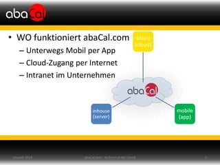 • WO funktioniert abaCal.com
– Unterwegs Mobil per App
– Cloud-Zugang per Internet
– Intranet im Unternehmen
online
(cloud)
mobile
(app)
inhouse
(server)
abaCal.com - rechnen in der Cloud 5topsoft 2014
 