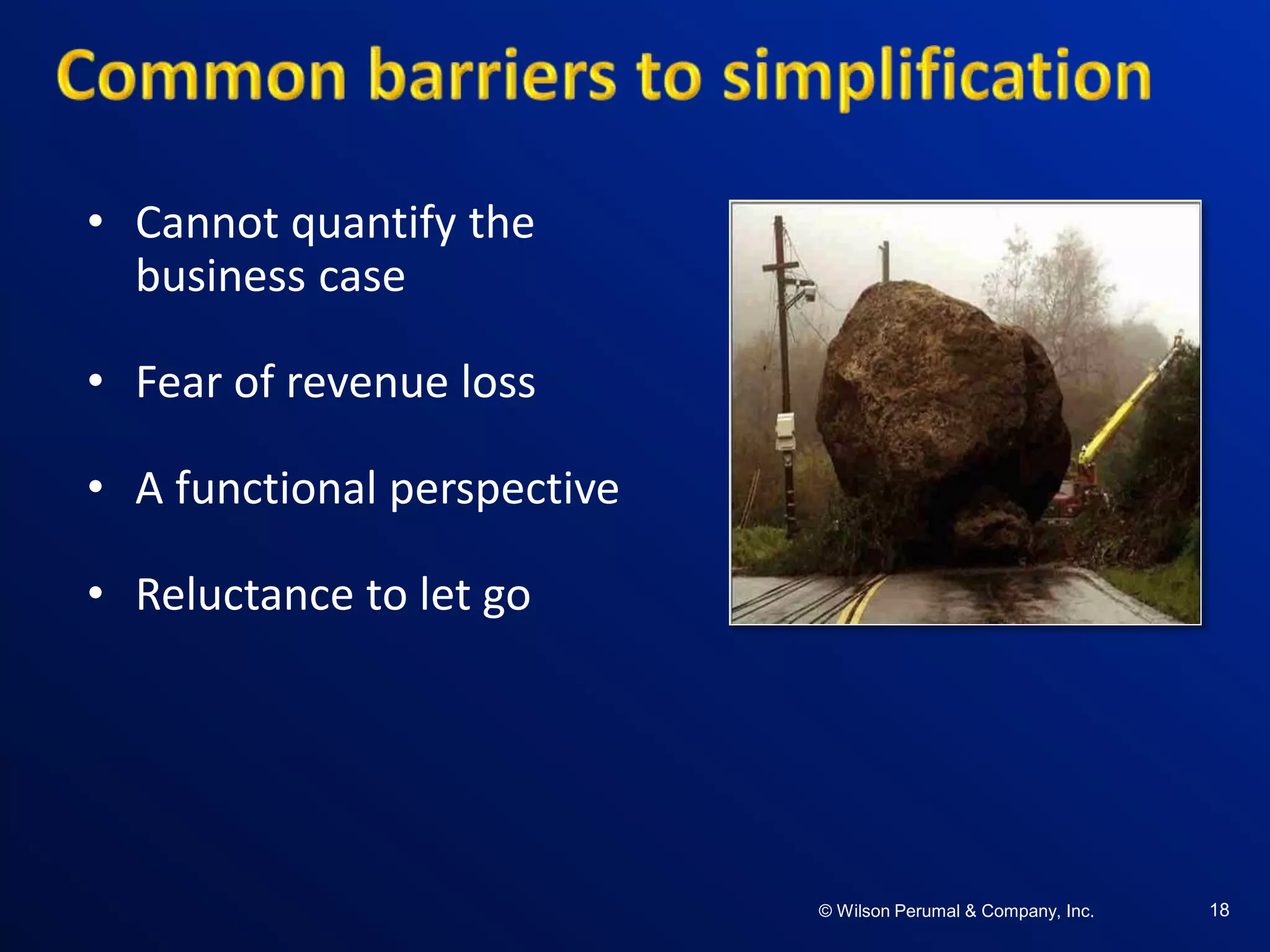 ©W il so n Per uma l & C o mpa ny , Inc .©W il so n Per uma l & C o mpa ny , Inc .© Wilson Perumal & Company, Inc. 18
• Cannot quantify the
business case
• Fear of revenue loss
• A functional perspective
• Reluctance to let go
 