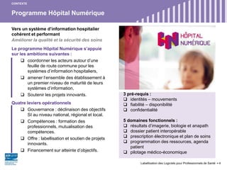 Programme Hôpital Numérique
Labellisation des Logiciels pour Professionnels de Santé 4
Vers un système d’information hospitalier
cohérent et performant
Améliorer la qualité et la sécurité des soins
Le programme Hôpital Numérique s’appuie
sur les ambitions suivantes :
 coordonner les acteurs autour d’une
feuille de route commune pour les
systèmes d’information hospitaliers,
 amener l’ensemble des établissement à
un premier niveau de maturité de leurs
systèmes d’information,
 Soutenir les projets innovants.
Quatre leviers opérationnels
 Gouvernance : déclinaison des objectifs
SI au niveau national, régional et local.
 Compétences : formation des
professionnels, mutualisation des
compétences.
 Offre : labellisation et soutien de projets
innovants.
 Financement sur atteinte d’objectifs.
CONTEXTE
3 pré-requis :
 identités – mouvements
 fiabilité – disponibilité
 confidentialité
5 domaines fonctionnels :
 résultats d’imagerie, biologie et anapath
 dossier patient interopérable
 prescription électronique et plan de soins
 programmation des ressources, agenda
patient
 pilotage médico-économique
 