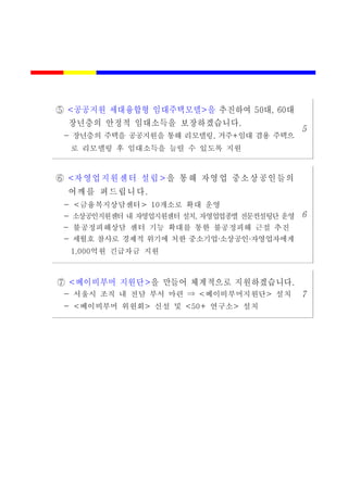 ⑤ 공공지원 세대융합형 임대주택모델 을< > 추진하여 대 대50 , 60
장년층의 안정적 임대소득을 보장하겠습니다.
장년층의 주택을 공공지원을 통해 리모델링 거주 임대 겸용 주택으- , +
로 리모델링 후 임대소득을 늘릴 수 있도록 지원
5
⑥ <자영 업 지원센터 설 립>을 통해 자영 업 중소상공인들의
어깨를 펴드립 니다.
금융복지상담센터 개소로 확대 운영- < > 10
- 소상공인지원센터 내 자영업지원센터 설치 자영업업종별 전문컨설팅단 운영,
불공정피해상담 센터 기능 확대를 통한 불공정피해 근절 추진-
세월호 참사로 경제적 위기에 처한 중소기업 소상공인 자영업자에게- ・ ・
억원 긴급자금 지원1,000
6
⑦ 베이비부머 지원단< >을 만들어 체계적으로 지원하겠습니다.
서울시 조직 내 전담 부서 마련 베이비부머지원단 설치- < >⇒
베이비부머 위원회 신설 및 연구소 설치- < > <50+ >
7
 