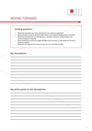 17 
MOVING FORWARD 
Guiding questions: 
• What key activities are most essential for our value proposition? 
• What activities must be done locally? What is the role of Headquarters at home? 
• What key activities do our distribution channels, customer relationships and 
revenue streams require? 
• How would your business model change if you increase or decrease the amount 
of key activities? 
• What are the options for outsourcing non-core activities locally? 
Key assumptions 
Key action points to test assumptions 
 