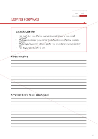25 
MOVING FORWARD 
Guiding questions: 
• How much does your different revenue stream contribute to your overall 
revenues? 
• What opportunities do your potential clients have in terms of getting access to 
finance? 
• What are your customers willing to pay for your product and how much can they 
pay? 
• How do your clients prefer to pay? 
Key assumptions 
Key action points to test assumptions 
 