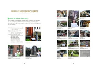 시민들이 직접 찾아나서는 문화유산 보물찾기
우리가 사는 동네와 추억의 골목, 주변을 돌아보세요. 과거를 생각하며 우리 삶을 되돌아 볼 수
있는 공간, 역사적인 가치가 충분하면서도 훼손되거나 방치된 현장, 보존가치가 높지만 잘
알려지지 않은 장소가 보물처럼 숨겨져 있습니다. 시민들이 아끼고 사랑하는 문화유산을 시민들이
직접 찾아 나섰습니다.
제1회 나의사랑 문화유산 캠페인
나의사랑문화유산상	
함평자광어린이집 장진수
소중한문화유산상	
체부동교회 서촌주거공간연구회 (조규섭응모)
구찌문화유산상	
제주 지장샘터 이행철
응모 방법 캠페인 웹사이트(www.loveculture.kr)에
접속해서 피켓 양식을 다운받아 인증샷 촬영
후 캠페인 웹사이트에 응모
참여 현황 2,677명의 시민들 참여 (답사, 응모 등)
응모 결과 106곳의 소중한 공간 응모
서울권(34곳), 경기·인천(6곳), 충청도(11곳),
전라도(16곳), 경상도(16곳), 제주도(23곳)
심사 결과 [나의사랑 문화유산 부문 수상작]
함평 자광어린이 집(보수비용 1,000만원 지원),
체부동 교회, 제주 지장샘터
[서울시 미래유산 부문 수상작]
한울삶, 충정각, 해병대 초대교회,
이화동 국민주택, 아현동 웨딩거리,
서울교동초등학교, 누하동 오거리,
마해송 가옥, 비우당, 환경운동연합 환경센터,
문래동 철강공단 거리, 화동고개, 현진건 집터
서울미래유산상	
한울삶 전국민족민주유가족협의회
간직하고픈 문화유산상	
해병대 초대교회 김수종
시민참여상
화동고개 황태원
나의사랑문화유산 캠페인은
2014년에도 진행됩니다. 지금 이 순간!
우리 주변에 숨 쉬고 있을 문화유산을
깨워주세요.
응모작 접수 기간 2014년 7월~9월
자세한 내용 홈페이지 참조
www.loveculture.kr
시민참여상
현진건 집터 손재수
문화유산지킴이상	
이화동 국민주택 노미숙
문화유산지킴이상	
아현동 웨딩거리 주민우
시민참여상	
서울교동초등학교 동아리 ‘역지사지’
시민참여상	
누하동 오거리 서촌주거공간연구회
시민참여상	
마해송 가옥 이덕영
시민참여상
비우당 장신영
시민참여상
환경운동연합 환경센터 환경운동연합
시민참여상
문래동 철강공단 거리 문선리
간직하고픈 문화유산상	
충청각 김지은
28 29
 