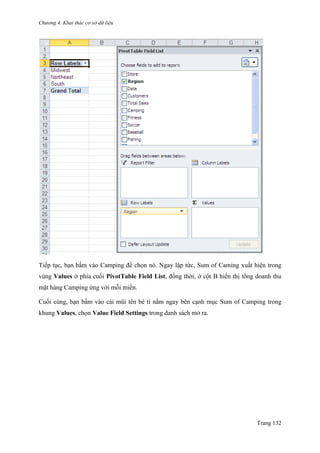 Chương 4. Khai thác cơ sở dữ liệu
Trang 132
Tiếp tục, bạn bấm vào Camping để chọn nó. Ngay lập tức, Sum of Caming xuất hiện trong
vùng Values ở phía cuối PivotTable Field List, đồng thời, ở cột B hiển thị tổng doanh thu
mặt hàng Camping ứng với mỗi miền.
Cuối cùng, bạn bấm vào cái mũi tên bé tí nằm ngay bên cạnh mục Sum of Camping trong
khung Values, chọn Value Field Settings trong danh sách mở ra.
 