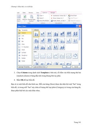 Chương 4. Khai thác cơ sở dữ liệu
Trang 141
3. Chọn Column trong danh sách Templates ở bên trái, rồi bấm vào biểu tƣợng thứ hai
(stacked column) ở hàng đầu tiên trong khung bên tay phải.
4. Bấm OK để tạo biểu đồ.
Bạn sẽ có một biểu đồ nhƣ hình sau. Mỗi cửa hàng (Store) đƣợc đại diện bởi một "bar" trong
biểu đồ, và trong mỗi "bar" này chứa số lƣợng thể loại phim (Category) có trong cửa hàng đó,
đƣợc phân biệt bởi các màu khác nhau.
 