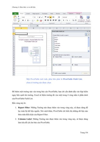 Chương 4. Khai thác cơ sở dữ liệu
Trang 156
Một PivotTable mới tinh, phía bên phải là PivotTable Field List,
chƣa có trƣờng nào đƣợc chọn
Để thêm một trƣờng nào vào trong báo cáo PivotTable, bạn chỉ cần đánh dấu vào hộp kiểm
ngay bên cạnh tên trƣờng. Excel sẽ thêm trƣờng đó vào một trong 4 vùng nằm ở phần dƣới
của PivotTable Field List.
Bốn vùng này là:
1. Report Filter: Những Trƣờng nào đƣợc thêm vào trong vùng này, sẽ đƣợc dùng để
lọc toàn bộ dữ liệu nguồn. Nói cách khác, PivotTable chỉ hiển thị những dữ liệu nào
thỏa mãn điều kiện của Report Filter.
2. Columns Label: Những Trƣờng nào đƣợc thêm vào trong vùng này, sẽ đƣợc dùng
làm tiêu đề cột cho báo cáo PivotTable.
 