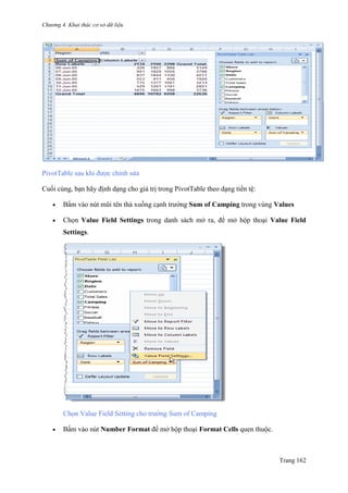 Chương 4. Khai thác cơ sở dữ liệu
Trang 162
PivotTable sau khi đƣợc chỉnh sửa
Cuối cùng, bạn hãy định dạng cho giá trị trong PivotTable theo dạng tiền tệ:
 Bấm vào nút mũi tên thả xuống cạnh trƣờng Sum of Camping trong vùng Values
 Chọn Value Field Settings trong danh sách mở ra, để mở hộp thoại Value Field
Settings.
Chọn Value Field Setting cho trƣờng Sum of Camping
 Bấm vào nút Number Format để mở hộp thoại Format Cells quen thuộc.
 