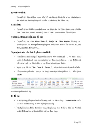 Chương 5. Đồ thị trong Excel
Trang 172
Săo chép đò thị
• Chọn đồ thi ̣, dùng tổ hợp phím <Ctrl+C> để chép đồ thi ̣vào bộ n hớ, rồi di chuyển
đến một ô nào đó trong bảng tính và bấm <Ctrl+V> để dán đồ thi ̣vào.
Xóă đò thị
• Chọn đồ thi ̣sau đó bấm phím Delete để xóa đồ thi ̣. Để xóa Chart Sheet, trƣớc tiên hãy
chọn Chart Sheet, sau đó bấm chuột phải và chọn Delete từ menu lối tắt hiện ra.
Thêm cắc thằnh phằn củă đò thị
• Chọn đồ thi ̣ chọn Chart Tools Design Chart Layouts Sử dụng các
nhóm lệnh tạo các thành phần tƣơng ứng trên đồ thi ̣đƣợc thiết kế sẵn nhƣ tựa đề , chú
thích, các nhãn, đƣờng lƣới,…
Sắp xếp vằ xóă cắc thằnh phằn củă đò thị
• Một số thành phần trong đồ thi ̣có thể di chuyển đƣợc nhƣ tựa đề , chú thích, nhãn.
Muốn di chuyển thành phần nào trƣớc tiên hãy dùng chuột chọn nó , sau đó bấm và
giữ trái tại cạnh của thành phần và kéo đến vi ̣trí mới trong đồ thi ̣.
• Ngoài ra có thể vào Chart Tools Layout chọn từ các danh sách thiết kế sẵn.
• Để xóa thành phần nào , bạn chỉ cần dùng chuột chọn thành phần đó và bấm phím
Delete.
Các thành phần trên đồ thị
In đò thị
• In đồ thi ̣cũng giống nhƣ in các đối tƣợng khác của Excel lƣu ý Print Preview trƣớc
khi in để đảm bảo trang in đƣợc trọn vẹn nội dung.
• Nếu bạn muốn in đồ thi ̣thành một trang riêng thì hãy chọn đồ thi ̣và bấm nút Print để
in, khi đó Excel chỉ ra lệnh in đồ thi ̣mà bạn đang chọn.
 