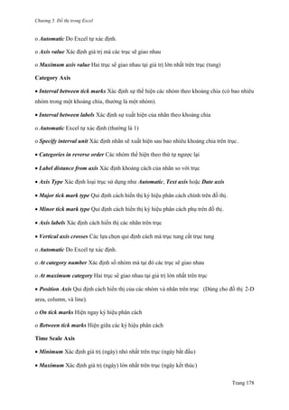Chương 5. Đồ thị trong Excel
Trang 178
o Automatic Do Excel tự xác đi ̣nh.
o Axis value Xác định giá trị mà các trục sẽ giao nhau
o Maximum axis value Hai trục sẽ giao nhau tại giá trị lớn nhất trên trục (tung)
Category Axis
 Interval between tick marks Xác định sự thể hiện các nhóm theo khoảng chia (có bao nhiêu
nhóm trong một khoảng chia, thƣờng là một nhóm).
 Interval between labels Xác định sự xuất hiện của nhãn theo khoảng chia
o Automatic Excel tự xác đi ̣nh (thƣờng là 1)
o Specify interval unit Xác định nhãn sẽ xuất hiện sau bao nhiêu khoảng chia trên trục.
 Categories in reverse order Các nhóm thể hiện theo thứ tự ngƣợc lại
 Label distance from axis Xác định khoảng cách của nhãn so với trục
 Axis Type Xác định loại trục sử dụng nhƣ Automatic, Text axis hoặc Date axis
 Major tick mark type Qui đi ̣nh cách hiển thi ̣ký hiệu phân cách chính trên đồ thi ̣.
Minor tick mark type Qui đi ̣nh cách hiển thi ̣ký hiệu phân cách phụtrên đồ thi ̣.
 Axis labels Xác định cách hiển thị các nhãn trên trục
 Vertical axis crosses Các lựa chọn qui định cách mà trục tung cắt trục tung
o Automatic Do Excel tự xác đi ̣nh.
o At category number Xác định số nhóm mà tại đó các trục sẽ giao nhau
o At maximum category Hai trục sẽ giao nhau tại giá tri ̣lớn nhất trên trục
 Position Axis Qui đi ̣nh cách hiển thi ̣của các nhóm và nhãn trên trục (Dùng cho đồ thi ̣ 2-D
area, column, và line).
o On tick marks Hiện ngay ký hiệu phân cách
o Between tick marks Hiện giữa các ký hiệu phân cách
Time Scale Axis
 Minimum Xác định giá trị (ngày) nhỏ nhất trên trục (ngày bắt đầu)
 Maximum Xác định giá trị (ngày) lớn nhất trên trục (ngày kết thúc)
 