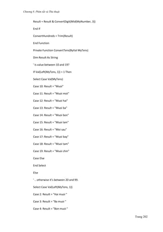 Chương 8. Phím tắt và Thủ thuật
Trang 202
Result = Result & ConvertDigit(Mid(MyNumber, 3))
End If
ConvertHundreds = Trim(Result)
End Function
Private Function ConvertTens(ByVal MyTens)
Dim Result As String
' Is value between 10 and 19?
If Val(Left(MyTens, 1)) = 1 Then
Select Case Val(MyTens)
Case 10: Result = "Muoi"
Case 11: Result = "Muoi mot"
Case 12: Result = "Muoi hai"
Case 13: Result = "Muoi ba"
Case 14: Result = "Muoi bon"
Case 15: Result = "Muoi lam"
Case 16: Result = "Moi sau"
Case 17: Result = "Muoi bay"
Case 18: Result = "Muoi tam"
Case 19: Result = "Muoi chin"
Case Else
End Select
Else
' .. otherwise it’s between 20 and 99.
Select Case Val(Left(MyTens, 1))
Case 2: Result = "Hai muoi "
Case 3: Result = "Ba muoi "
Case 4: Result = "Bon muoi "
 