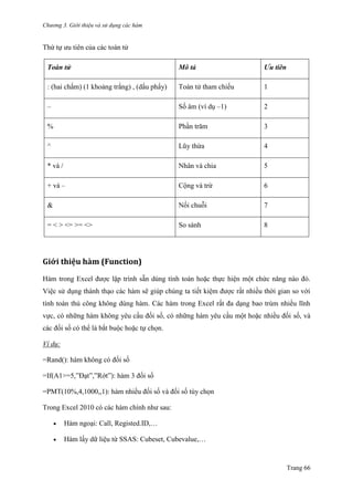Chương 3. Giới thiệu và sử dụng các hàm
Trang 66
Thứ tự ƣu tiên của các toán tử
Toán tử Mô tả Ưu tiên
: (hai chấm) (1 khoảng trắng) , (dấu phẩy) Toán tử tham chiếu 1
– Số âm (ví dụ –1) 2
% Phần trăm 3
^ Lũy thừa 4
* và / Nhân và chia 5
+ và – Cộng và trừ 6
& Nối chuỗi 7
= < > <= >= <> So sánh 8
Giới thiệu hàm (Function)
Hàm trong Excel đƣợc lập trình sẵn dùng tính toán hoặc thực hiện một chức năng nào đó.
Việc sử dụng thành thạo các hàm sẽ giúp chúng ta tiết kiệm đƣợc rất nhiều thời gian so với
tính toán thủ công không dùng hàm. Các hàm trong Excel rất đa dạng bao trùm nhiều lĩnh
vực, có những hàm không yêu cầu đối số, có những hàm yêu cầu một hoặc nhiều đối số, và
các đối số có thể là bắt buộc hoặc tự chọn.
Ví dụ:
=Rand(): hàm không có đối số
=If(A1>=5,‖Đạt‖,‖Rớt‖): hàm 3 đối số
=PMT(10%,4,1000,,1): hàm nhiều đối số và đối số tùy chọn
Trong Excel 2010 có các hàm chính nhƣ sau:
 Hàm ngoại: Call, Registed.ID,…
 Hàm lấy dữ liệu từ SSAS: Cubeset, Cubevalue,…
 