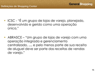 Definições de Shopping Center
 ICSC “É um grupo de lojas de varejo planejado ICSC - É um grupo de lojas de varejo, planejado,
desenvolvido e gerido como uma operação
única.”
 ABRASCE – “Um grupo de lojas de varejo com uma
operação integrada e gerenciamentooperação integrada e gerenciamento
centralizado, ..., e pelo menos parte de sua receita
de aluguel deve ser parte das receitas de vendas
de varejo.”
151515
 