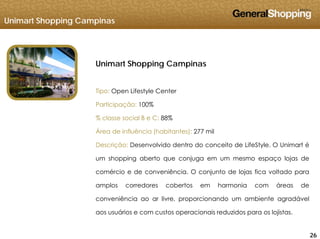 Unimart Shopping Campinas
Unimart Shopping Campinas
Tipo: Open Lifestyle Center
P ti i ã 100%Participação: 100%
% classe social B e C: 88%
Área de influência (habitantes): 277 mil
Descrição: Desenvolvido dentro do conceito de LifeStyle. O Unimart é
um shopping aberto que conjuga em um mesmo espaço lojas de
comércio e de conveniência O conjunto de lojas fica voltado paracomércio e de conveniência. O conjunto de lojas fica voltado para
amplos corredores cobertos em harmonia com áreas de
conveniência ao ar livre, proporcionando um ambiente agradável
262626
aos usuários e com custos operacionais reduzidos para os lojistas.
 