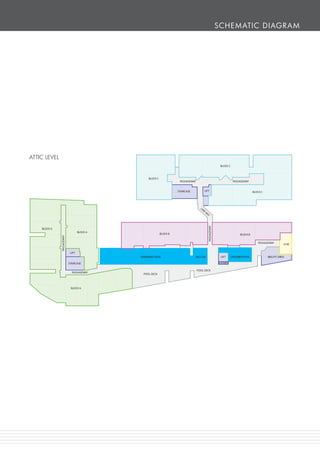 SCHEMATIC DIAGR AM

ATTIC LEVEL
BLOCK C

BLOCK C

PASSAGEWAY

PASSAGEWAY
LIFT

STAIRCASE

BLOCK C

LIN

BLOCK A

BLOCK A

PASSAGEWAY

KW
AY

PASSAGEWAY

BLOCK B

BLOCK B
PASSAGEWAY

GYM

LIFT
SWIMMING POOL

JACCUZI

SHOWER

STAIRCASE
PASSAGEWAY

BLOCK A

LIFT

POOL DECK

POOL DECK

CHILDREN POOL

BBQ PIT AREA

 