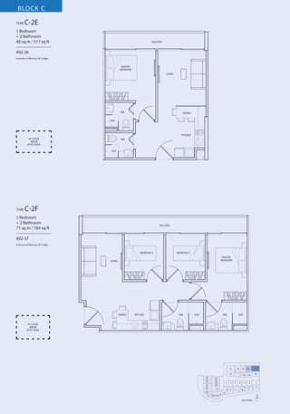 BLOCK C
TYPE

C-2E

1 Bedroom
+ 2 Bathroom
48 sq m / 517 sq ft
––––––––––––––––
#02-36

BALCONY

Inclusive of Balcony, AC Ledge
MASTER
BEDROOM
LIVING

T&B

DINING

SHO

KITCHEN
AC LEDGE
ABOVE
ATTIC ROOF

T&B

SHO

TYPE

C-2F

3 Bedroom
+ 2 Bathroom
71 sq m / 764 sq ft
––––––––––––––––
#02-37

BALCONY

Inclusive of Balcony, AC Ledge
BEDROOM 3

BEDROOM 2
MASTER
BEDROOM

LIVING

DINING

KITCHEN

T&B

SHO

T&B

SHO

AC LEDGE
ABOVE
ATTIC ROOF

33

34

35

32
26
25
24
23
22
21
20
19

27
28
29
30

1

31
18 17 16

2

13 12
15

36

37

40

3
11

5

4
10

39

6
9

38

7
8

14
N
2ND STOREY

 