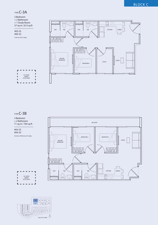 BLOCK C
TYPE

C-3A

2 Bedroom
+ 2 Bathroom
+ 1 Study Room
57 sq m / 613 sq ft
––––––––––––––––
#03-32
#04-32

SHO

T&B

SHO

T&B

KITCHEN

DINING

Inclusive of AC Ledge

MASTER
BEDROOM

LIVING
STUDY
BEDROOM 2

AC LEDGE
ABOVE
ATTIC ROOF

TYPE

C-3B

3 Bedroom
+ 2 Bathroom
71 sq m / 764 sq ft
––––––––––––––––
#03-33
#04-33

BALCONY

Inclusive of Balcony, AC Ledge

BEDROOM 2

BEDROOM 3
LIVING

MASTER
BEDROOM

SHO

AC LEDGE
ABOVE
ATTIC ROOF

33

34

35

32
26
25
24
23
22
21
20
19

27
28
29
30

1

31
18 17 16

2

13 12
15

36

37

40

3
11

5

4
10

39

6
9

38

7
8

14
N
3RD & 4TH STOREY

T&B

SHO

T&B

KITCHEN

DINING

 