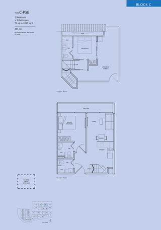 BLOCK C
TYPE

C-P5E

2 Bedroom
+ 3 Bathroom
79 sq m / 850 sq ft
–––––––––––––––––
#05-36
Inclusive of Balcony, Roof Terrace,
AC Ledge

VOID

SHO

T&B

BEDROOM 2

DN
OPEN ROOF
TERRACE

u p p e r fl o o r

BALCONY

LIVING

MASTER
BEDROOM

DINING

T&B

KITCHEN

SHO

T&B

SHO

l o w e r fl o o r
AC LEDGE
ABOVE
ATTIC ROOF

33

34

35

32
26
25
24
23
22
21
20
19

27
28
29
30

1

31
18 17 16

2

13 12
15

36

37

40

3
11

5

4
10

39

6
9

38

7
8

14
N
5TH STOREY

UP

 