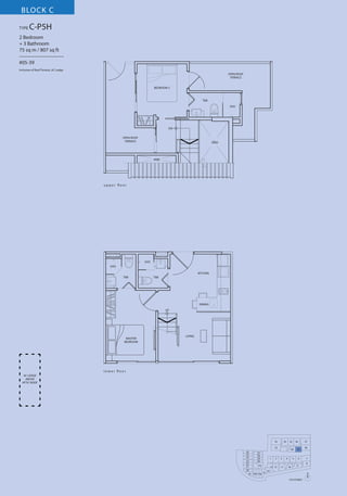 BLOCK C
TYPE

C-P5H

2 Bedroom
+ 3 Bathroom
75 sq m / 807 sq ft
–––––––––––––––––
#05-39
Inclusive of Roof Terrace, AC Ledge
OPEN ROOF
TERRACE
BEDROOM 2

T&B
SHO

DN
OPEN ROOF
TERRACE

VOID

VOID

u p p e r fl o o r

SHO
SHO
KITCHEN
T&B

T&B

DINING
UP

MASTER
BEDROOM

LIVING

l o w e r fl o o r
AC LEDGE
ABOVE
ATTIC ROOF

33

34

35

32
26
25
24
23
22
21
20
19

27
28
29
30

1

31
18 17 16

2

13 12
15

36

37

40

3
11

5

4
10

39

6
9

38

7
8

14
N
5TH STOREY

 