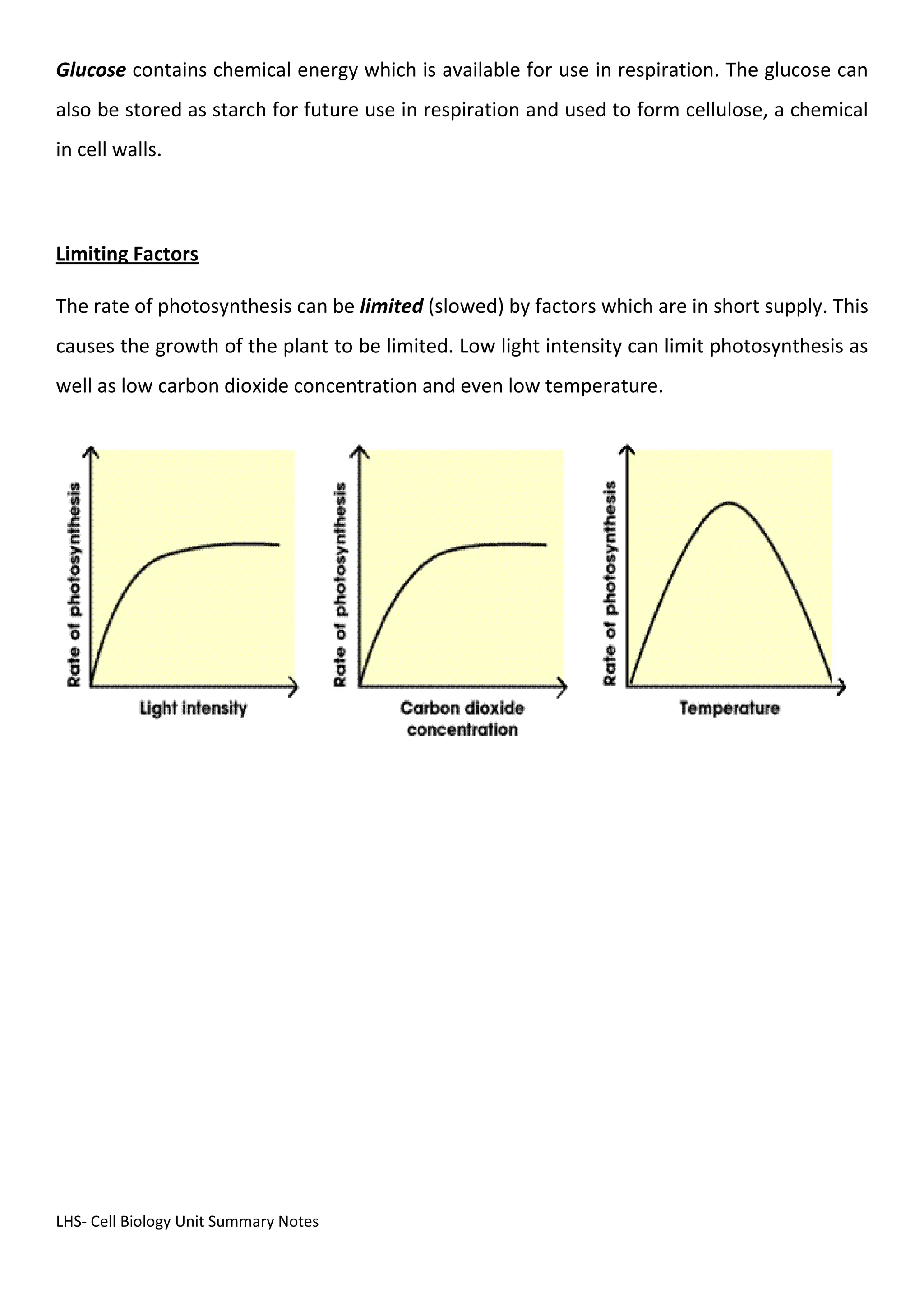LHS- Cell Biology Unit Summary Notes
Glucose contains chemical energy which is available for use in respiration. The glucose can
also be stored as starch for future use in respiration and used to form cellulose, a chemical
in cell walls.
Limiting Factors
The rate of photosynthesis can be limited (slowed) by factors which are in short supply. This
causes the growth of the plant to be limited. Low light intensity can limit photosynthesis as
well as low carbon dioxide concentration and even low temperature.
 