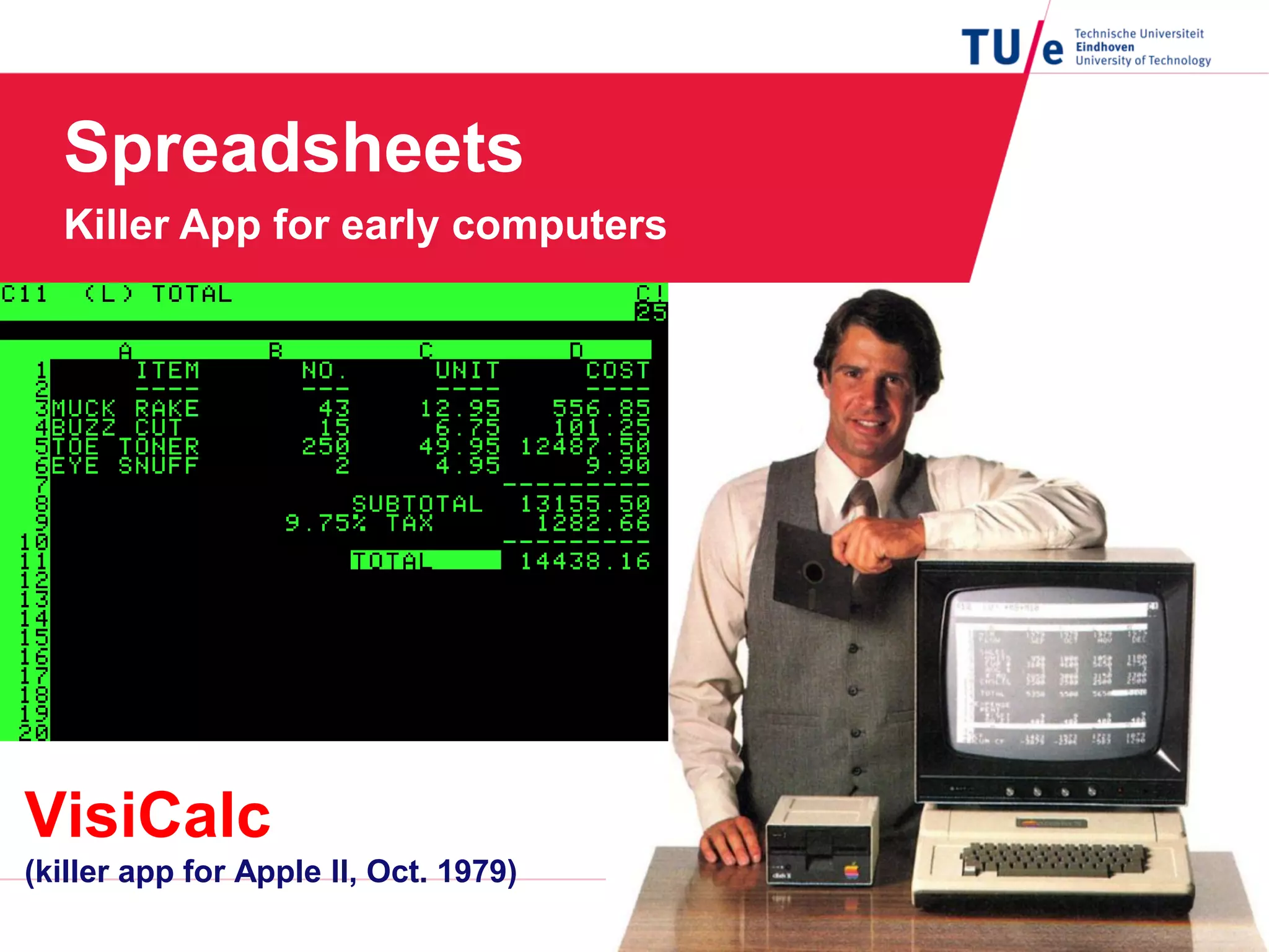 Spreadsheets
Killer App for early computers
VisiCalc
(killer app for Apple II, Oct. 1979)
 