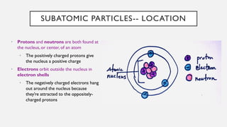SUBATOMIC PARTICLES-- LOCATION
• Protons and neutrons are both found at
the nucleus, or center, of an atom
• The positively charged protons give
the nucleus a positive charge
• Electrons orbit outside the nucleus in
electron shells
• The negatively charged electrons hang
out around the nucleus because
they’re attracted to the oppositely-
charged protons
 