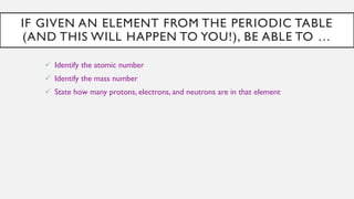 IF GIVEN AN ELEMENT FROM THE PERIODIC TABLE
(AND THIS WILL HAPPEN TO YOU!), BE ABLE TO …
✓ Identify the atomic number
✓ Identify the mass number
✓ State how many protons, electrons, and neutrons are in that element
 
