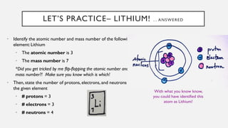 LET’S PRACTICE– LITHIUM! ... ANSWERED
• Identify the atomic number and mass number of the following
element: Lithium
• The atomic number is 3
• The mass number is 7
*Did you get tricked by me flip-flopping the atomic number and
mass number?! Make sure you know which is which!
• Then, state the number of protons, electrons, and neutrons for
the given element
• # protons = 3
• # electrons = 3
• # neutrons = 4
With what you know know,
you could have identified this
atom as Lithium!
 