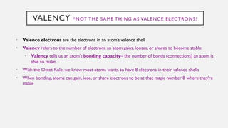 VALENCY *NOT THE SAME THING AS VALENCE ELECTRONS!
• Valence electrons are the electrons in an atom’s valence shell
• Valency refers to the number of electrons an atom gains, looses, or shares to become stable
• Valency tells us an atom’s bonding capacity– the number of bonds (connections) an atom is
able to make
• With the Octet Rule, we know most atoms wants to have 8 electrons in their valence shells
• When bonding, atoms can gain, lose, or share electrons to be at that magic number 8 where they’re
stable
 