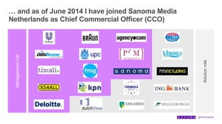 … and as of June 2014 I have joined Sanoma Media
Netherlands as Chief Commercial Officer (CCO)Managementrole
Advisorrole
 