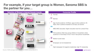 For example, if your target group is Women, Sanoma SBS is
the partner for you…
Consumer Profile
• Female
• Married
• Age of print audience: 20-65yrs; age of online audience: 20-
49yrs; Net 5 audience skewed to 20-35yrs old women
• MBO-HBO educated. Higher education level for Linda & Flow
• Print audience often has young children in household; online
audience is more likely to live in one or two-person households
• Medium social class
• Employed; but not breadwinner
• High newspaper & magazine readership, high TV viewership
Selection of Women’s Interest Domain brands
TV Print Digital Events
Source: NOM average reach data 2013; DDMM survey data 2013
 