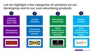 Let me highlight a few categories of solutions we are
developing next to our core advertising products
Effectiveness
and efficiency
Owned and
earned media
services
Direct
Stakeholder in
(sales) results
advertiser
Build
infrastructure
for demand and
supply
Improved
advertising
(tools, ROI)
Content
marketing
Performance
partnerships
Domain
solutions
1 2 3 4
 