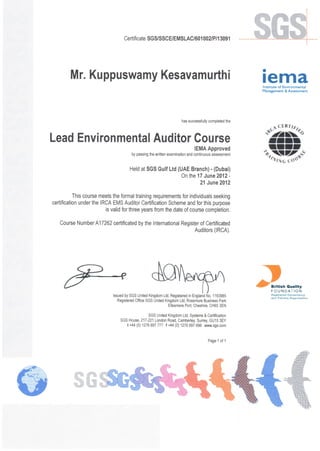 Environment Lead Auditor Certificate